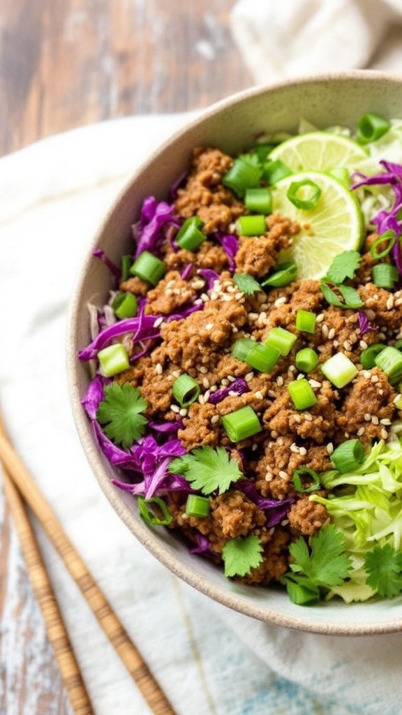 A bowl of Keto Egg Roll in a Bowl with ground meat, cabbage, and green onions, garnished with sesame seeds and cilantro.